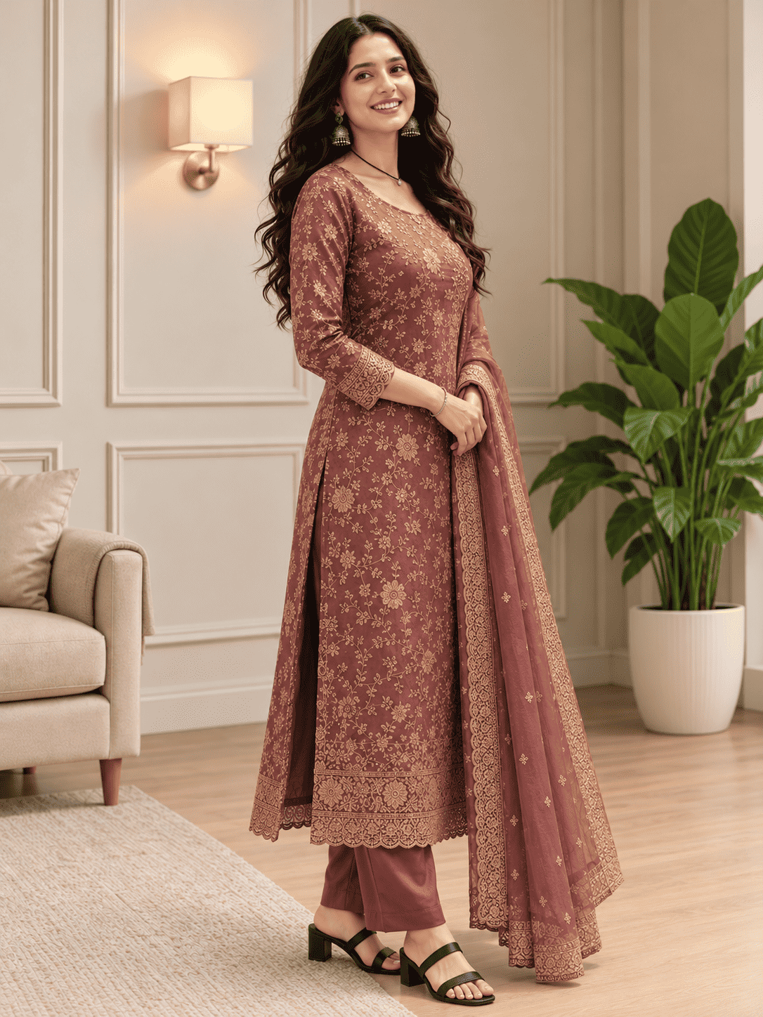Unstitched Mauve Silk-Textured Fabric With Zari Suit Material