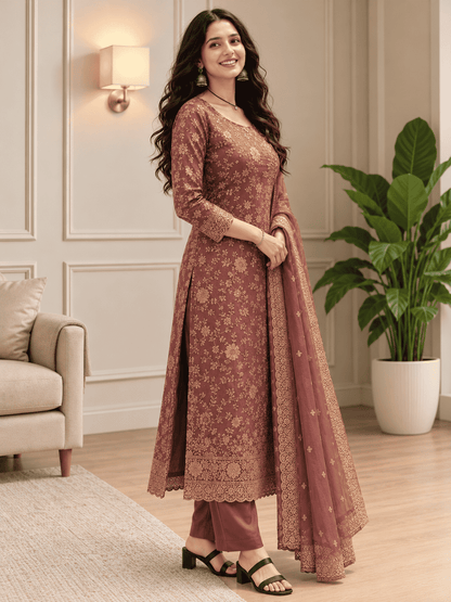 Unstitched Mauve Silk-Textured Fabric With Zari Suit Material
