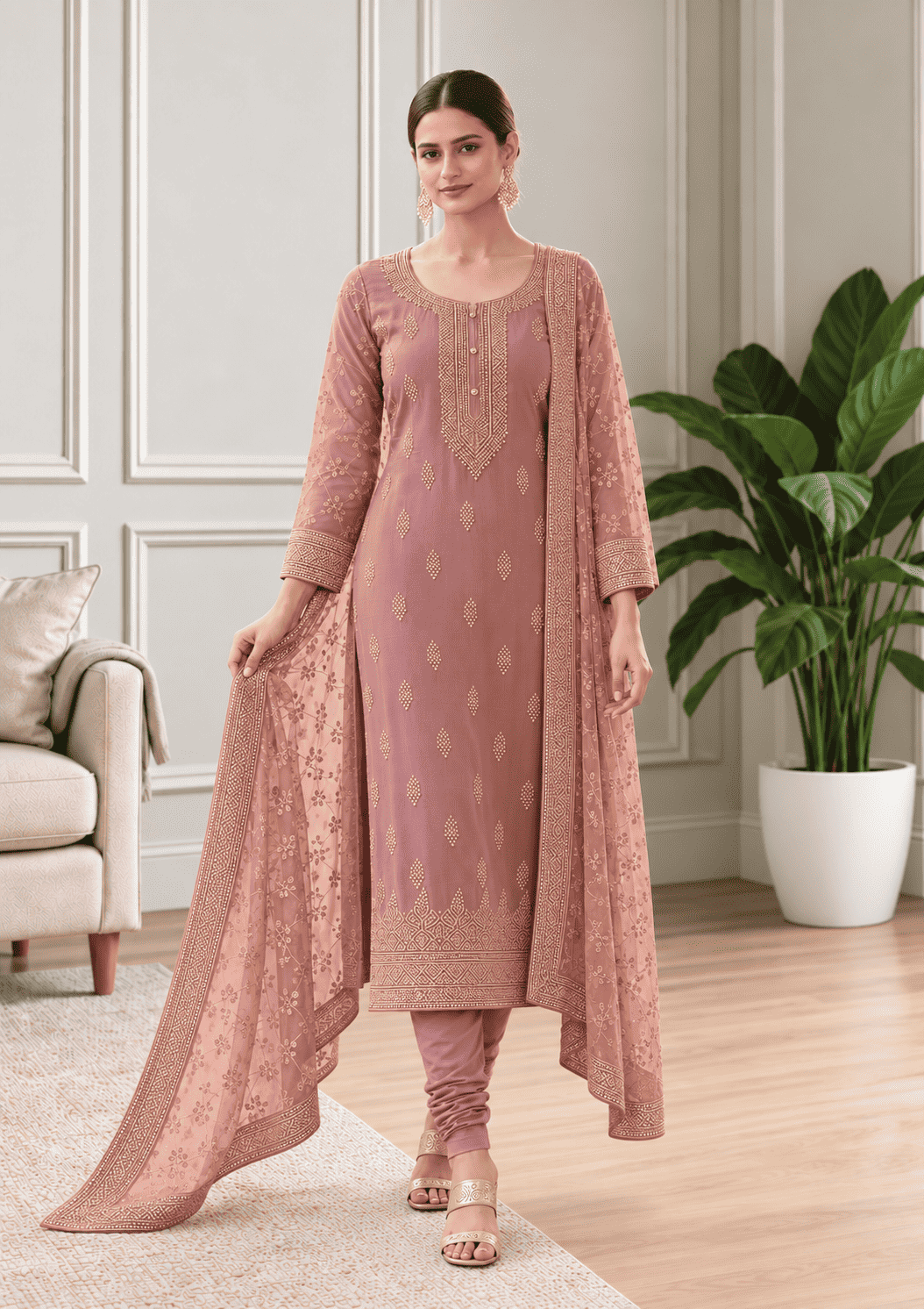 Semi-Stitched Dusty Mauve Chiffon Suit With Delicate Golden Thread And Sequin Embroidery
