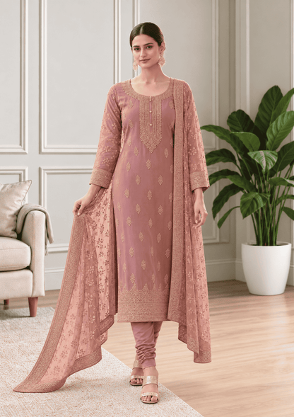 Semi-Stitched Dusty Mauve Chiffon Suit With Delicate Golden Thread And Sequin Embroidery