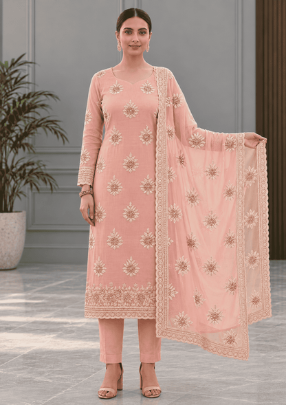 Unstitched Dusty Rose Pink Organza Suit With Delicate Sequin Floral Embroidery