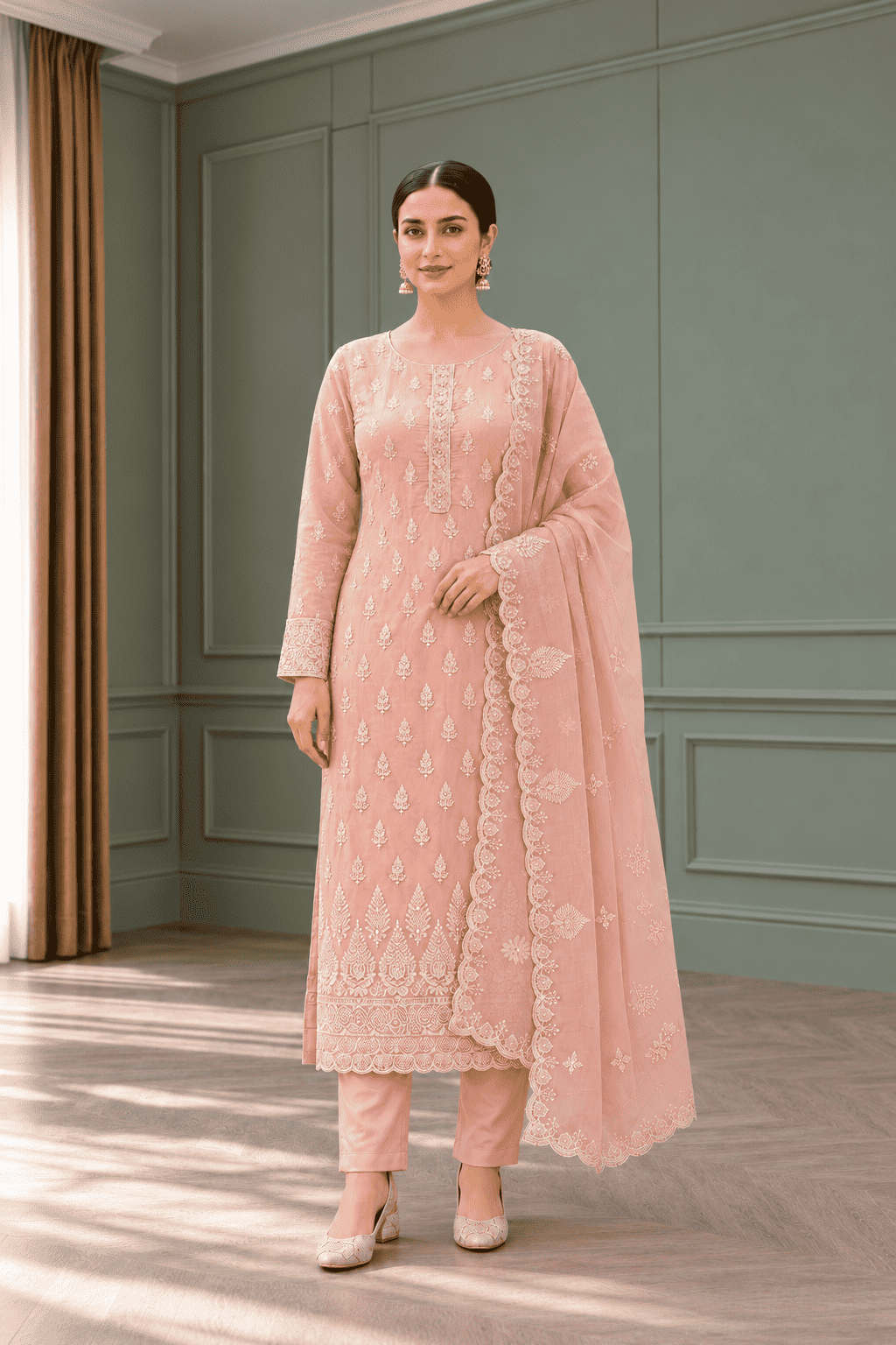 Semi-Stitched Dusty Rose Organza With Delicate Ivory Thread And Sequin Floral Motifs Suit Material
