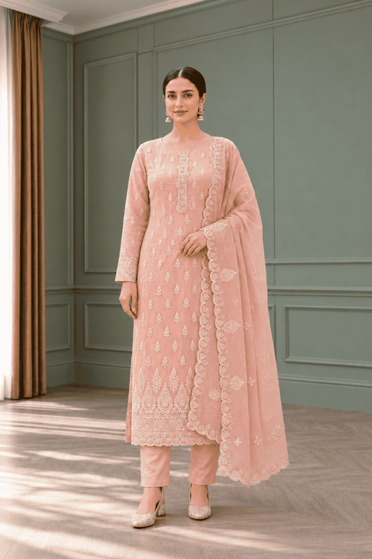 Semi-Stitched Dusty Rose Organza With Delicate Ivory Thread And Sequin Floral Motifs Suit Material