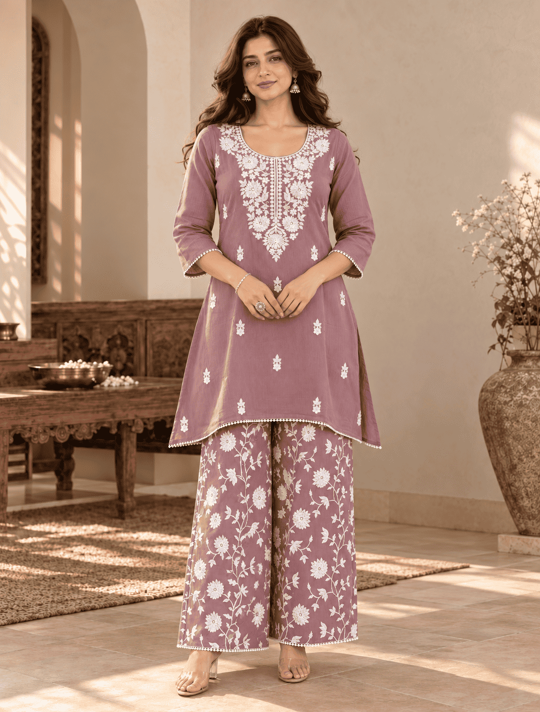Lilac Mul Chanderi Embroidered Kurta Pant Set