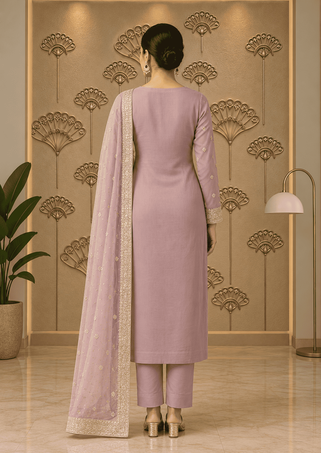 Semi Stitched Sheer Chiffon Lilac With Sequins Suit Material