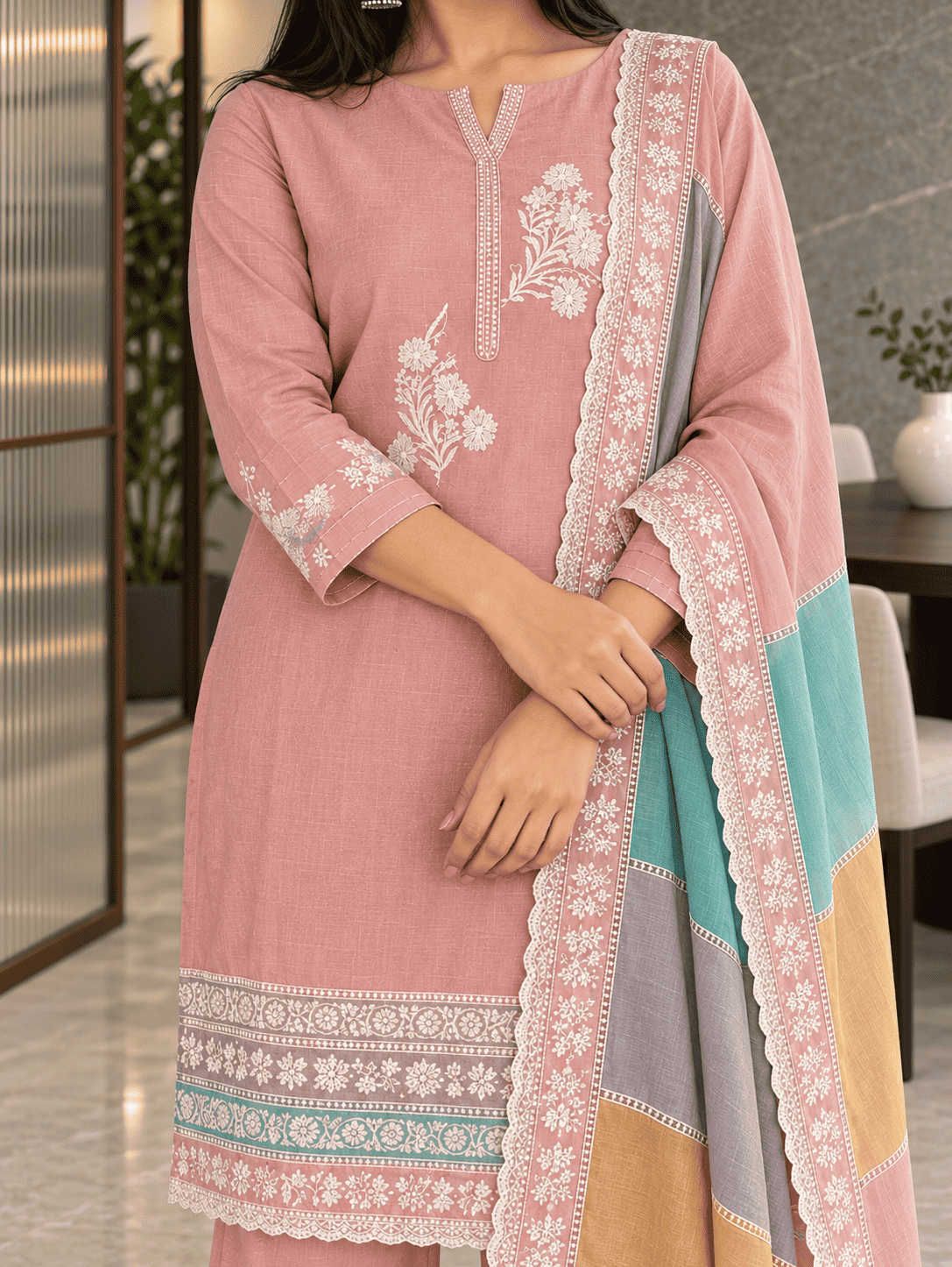 Unstitched pastel pink embroidered cotton suit set with a contrasting dupatta