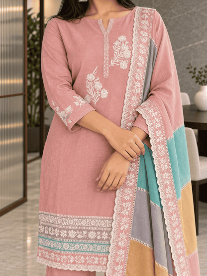 Unstitched pastel pink embroidered cotton suit set with a contrasting dupatta
