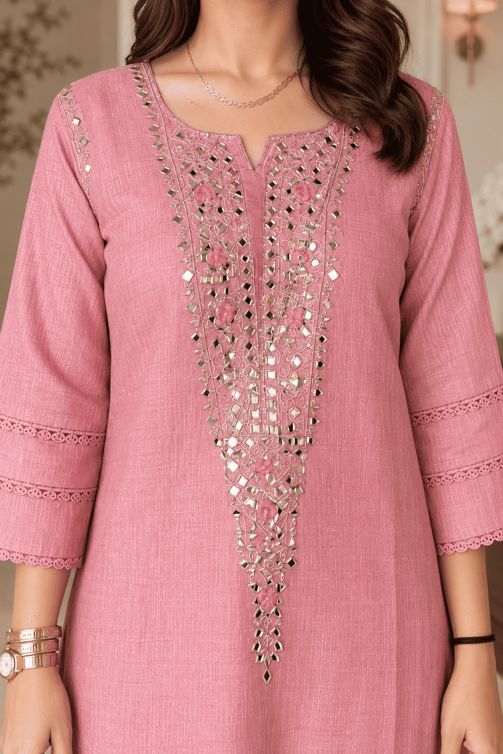 Dusty Pink Cotton Blend Embroidered Kurta With Pant