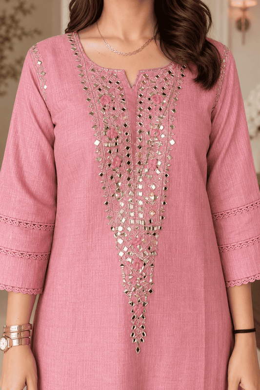 Dusty Pink Cotton Blend Embroidered Kurta With Pant
