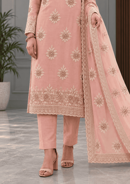 Unstitched Dusty Rose Pink Organza Suit With Delicate Sequin Floral Embroidery