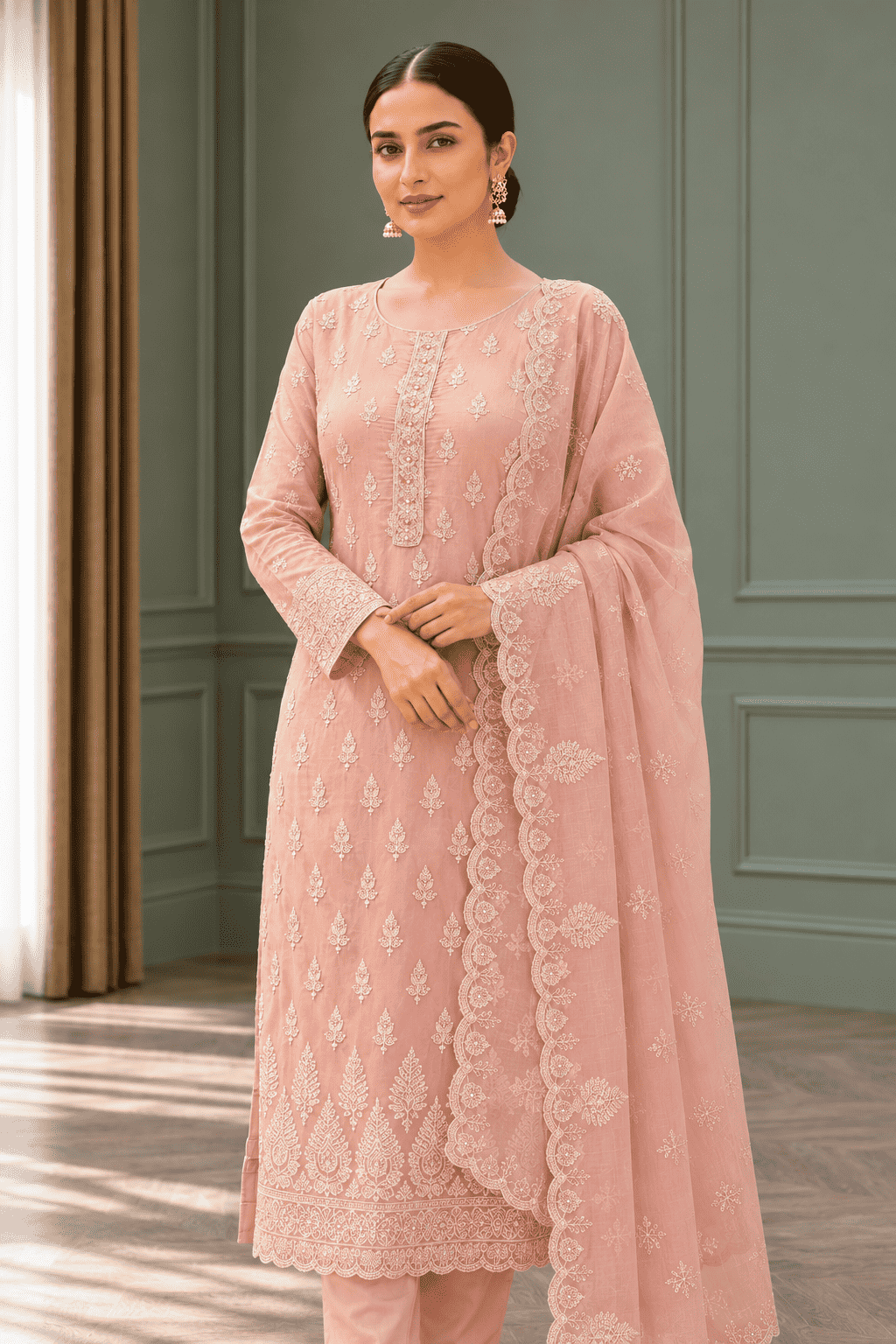 Semi-Stitched Dusty Rose Organza With Delicate Ivory Thread And Sequin Floral Motifs Suit Material