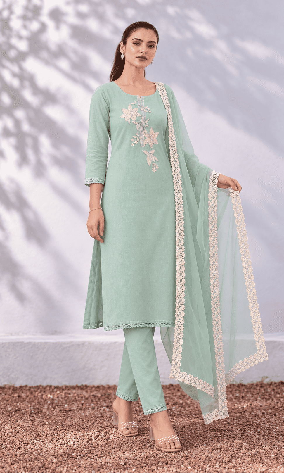 Unstitched aqua green embroidered cotton suit with dupatta