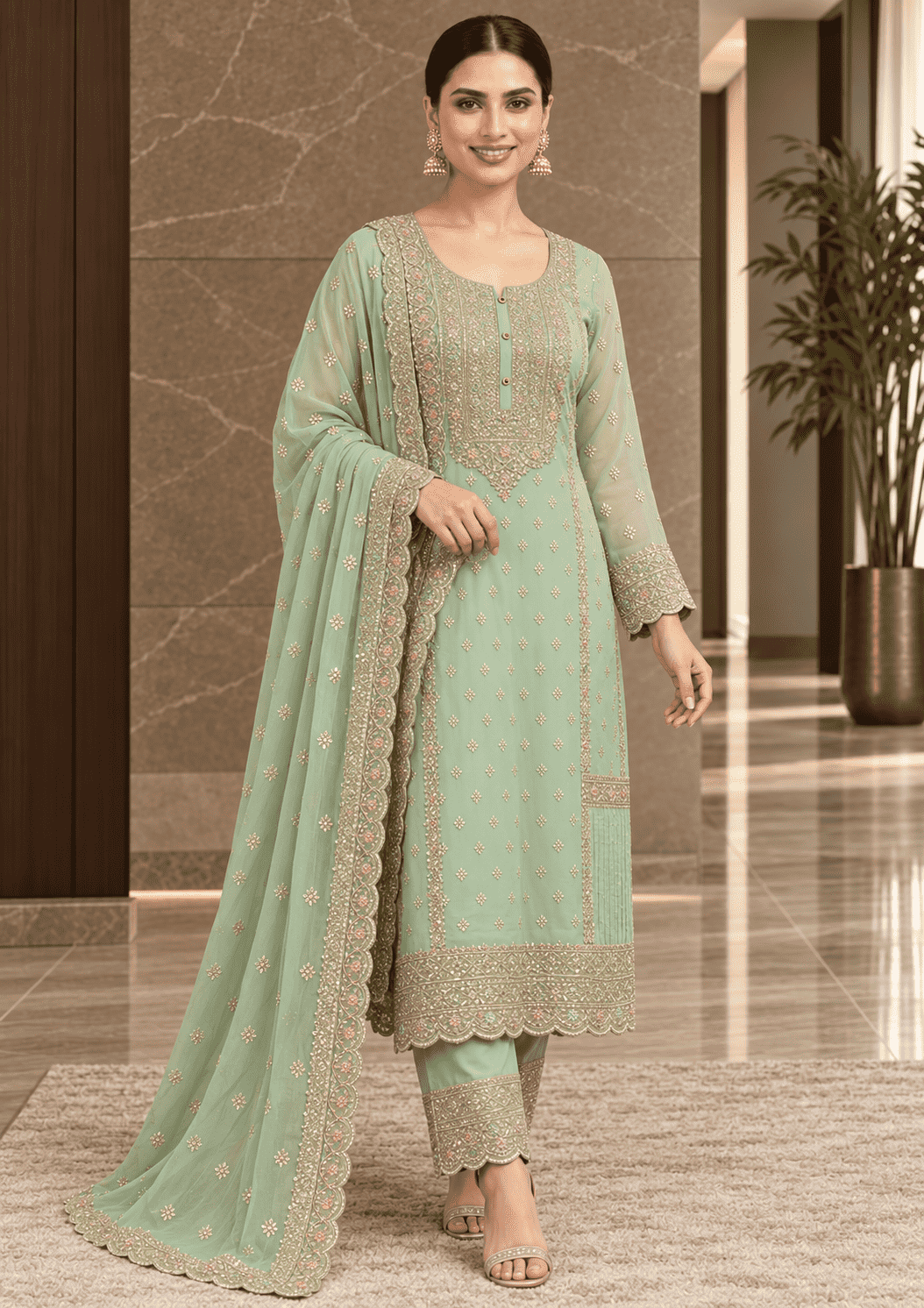 Semi-Stitched Soft Organza In Pastel Aqua With Intricate Multicolour Thread And Sequin Embroidery Suit Material