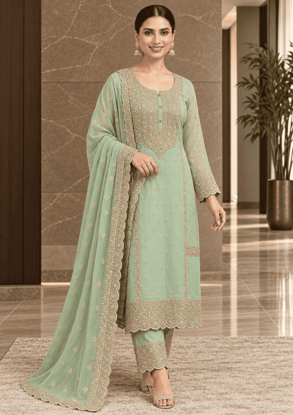 Semi-Stitched Soft Organza In Pastel Aqua With Intricate Multicolour Thread And Sequin Embroidery Suit Material