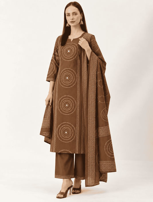 Brown Printed Cotton Kurta and pant with dupatta