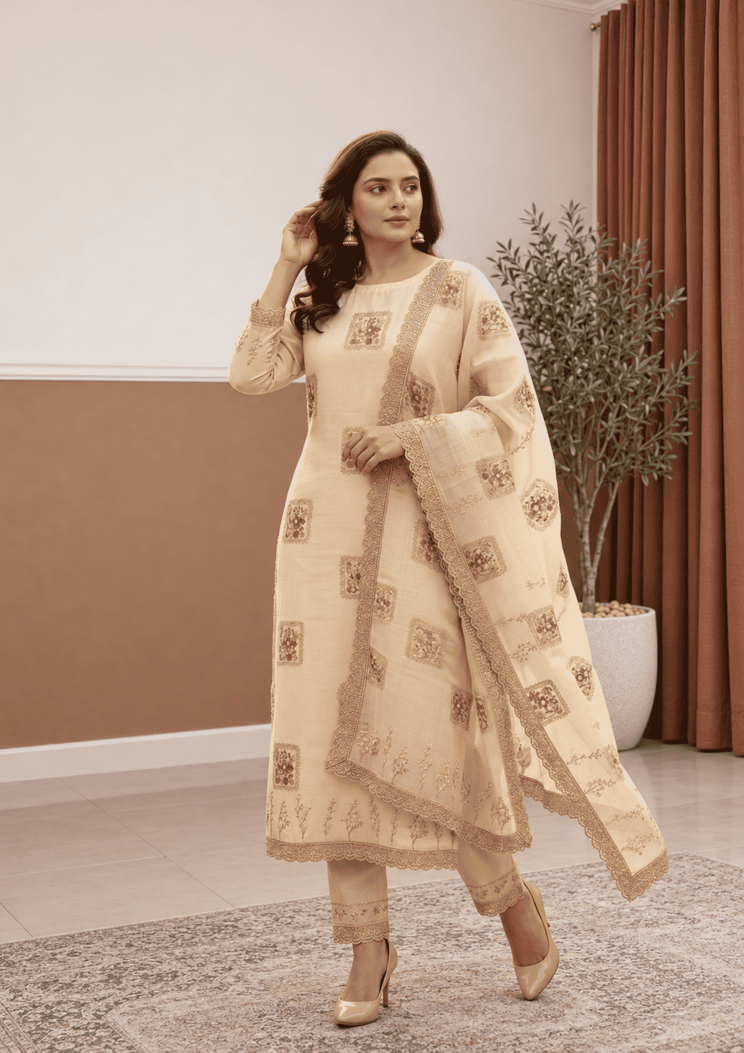 Semi-Stitched beige Chiffon Suit With Heavy Floral Sequin Border Detailing