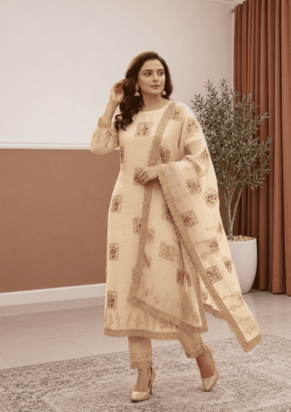 Semi-Stitched beige Chiffon Suit With Heavy Floral Sequin Border Detailing