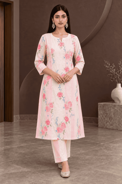 Soft cotton blend blush pink with floral prints kurta pant set