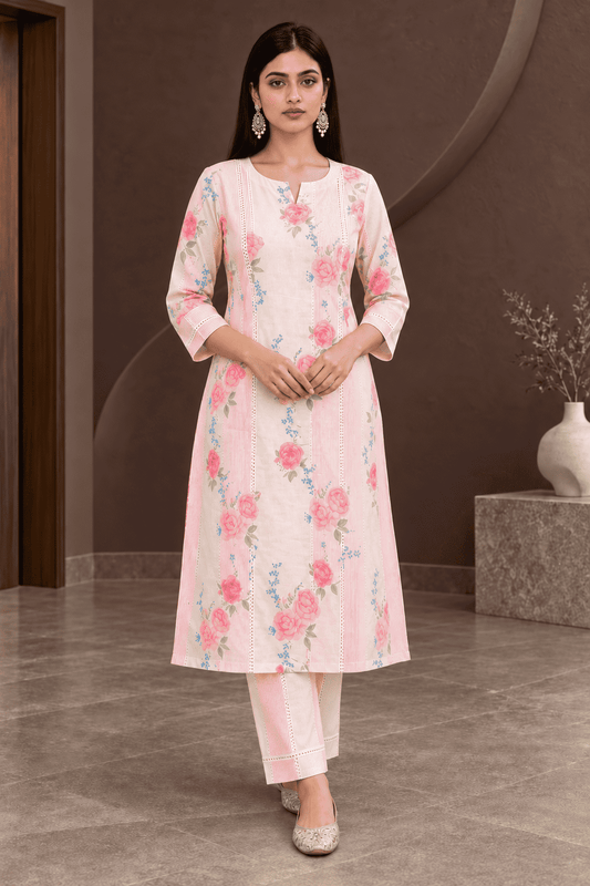 Soft cotton blend blush pink with floral prints kurta pant set