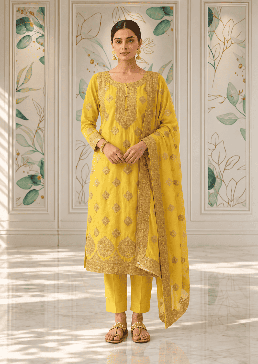 Semi-Stitched Fresh Lime-Yellow Ornate Golden Zari And Sequin Work Tissue Silk Suit With Dupatta