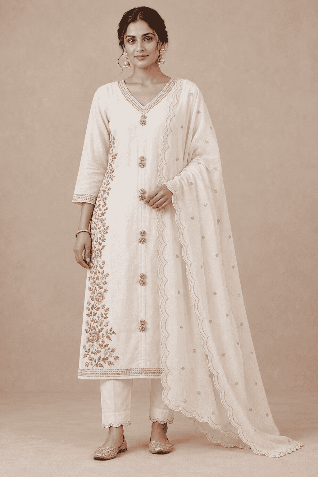 Ivory malmal blend kurta pant set with embroidered chiffon dupatta