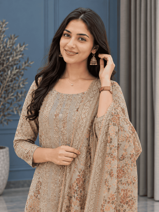 Beige Unstitched Multicoloured Embroidery And Mirror-Sequin Textured Chiffon Suit Set With Dupatta