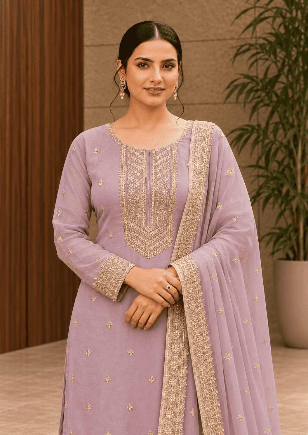 Lilac Semi-Stitched Sheer Organza with Sequins Suit Set With Dupatta