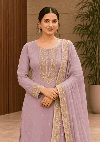 Lilac Semi-Stitched Sheer Organza with Sequins Suit Set With Dupatta