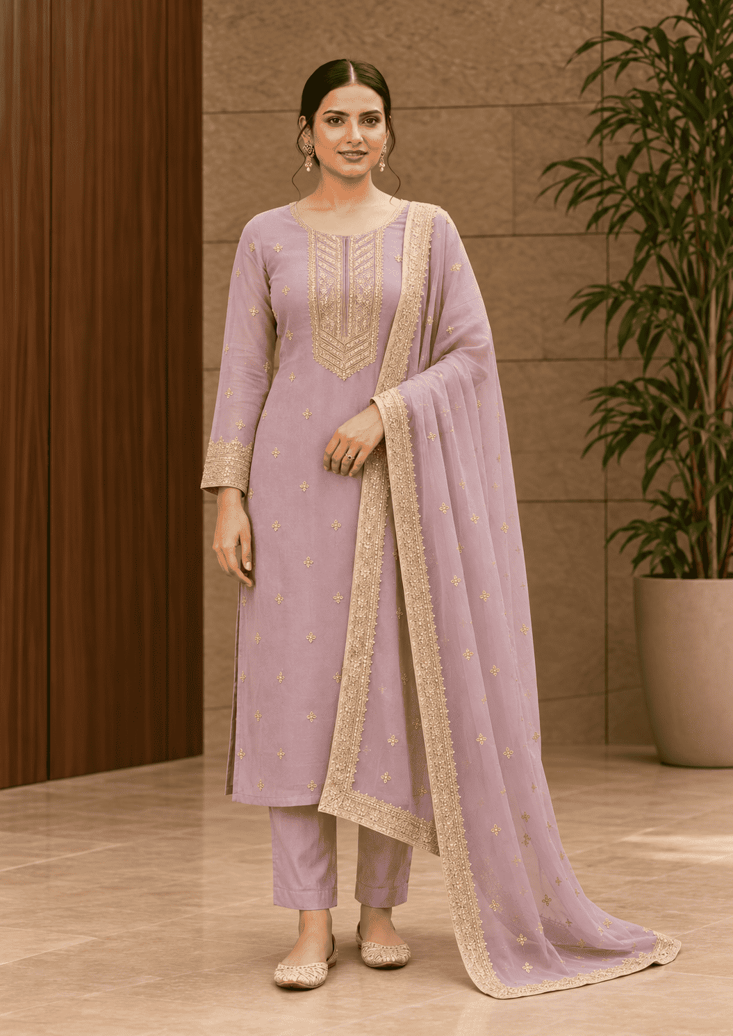 Lilac Semi-Stitched Sheer Organza with Sequins Suit Set With Dupatta