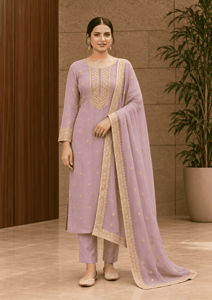 Lilac Semi-Stitched Sheer Organza with Sequins Suit Set With Dupatta