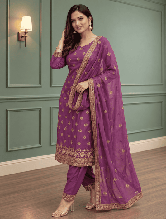 Unstitched Plum Shimmer Silk-Blend Embroidered Suit Material