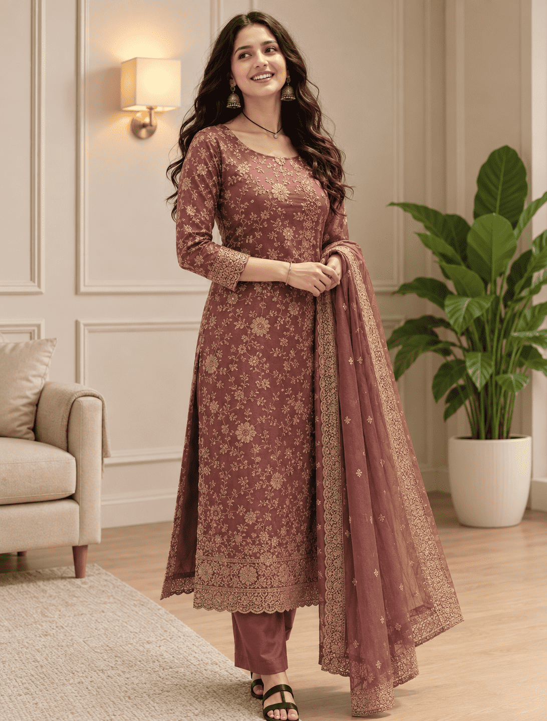 Unstitched Mauve Silk-Textured Fabric With Zari Suit Material