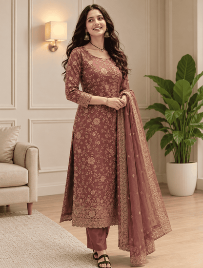Unstitched Mauve Silk-Textured Fabric With Zari Suit Material