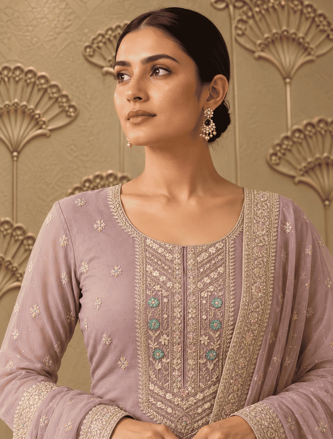 Semi Stitched Sheer Chiffon Lilac With Sequins Suit Material