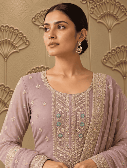 Semi Stitched Sheer Chiffon Lilac With Sequins Suit Material