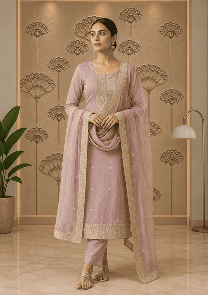 Semi Stitched Sheer Chiffon Lilac With Sequins Suit Material
