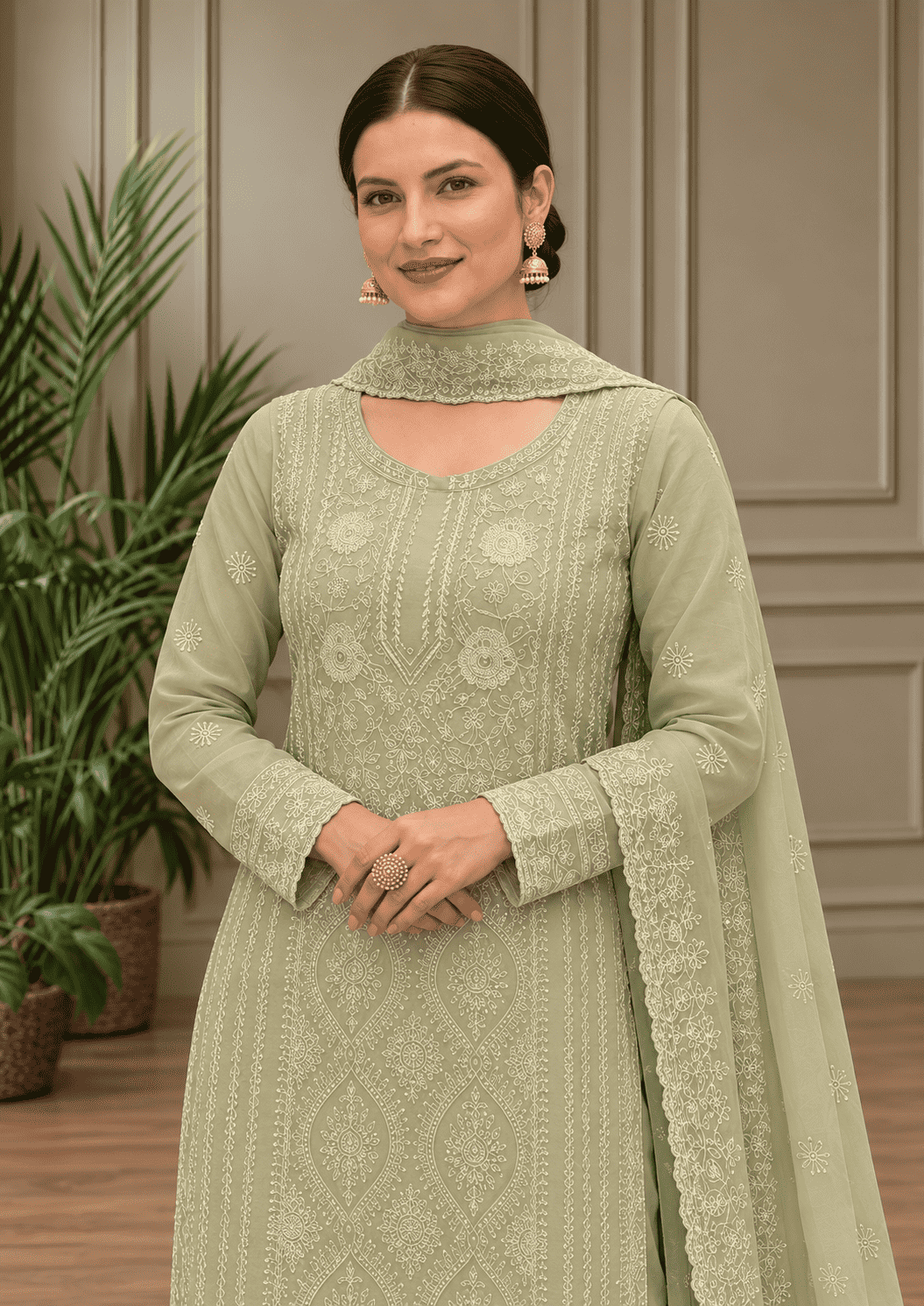Semi-Stitched Soft Pastel Mint Green Organza Suit With Intricate White Thread And Golden Sequin Embroidery