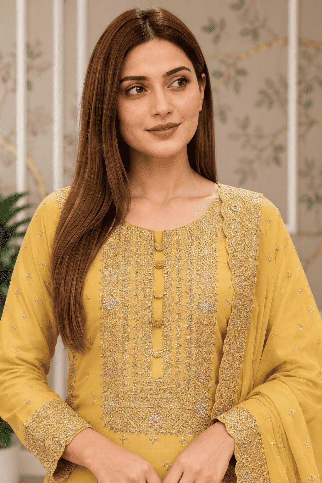 Semi-Stitched Pastel Yellow Organza With Embroidery Suit Material