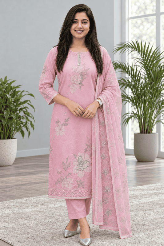Unstitched pink embroidered cotton slub suit set with dupatta
