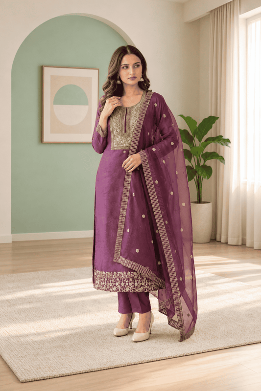 Semi-Stitched Plum-Purple Organza Suit Featuring Fine Zari And Sequin Embroidery