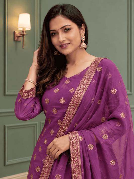 Unstitched Plum Shimmer Silk-Blend Embroidered Suit Material
