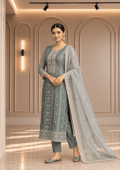 Unstitched Soft Sage-Green Organza With Fine Shimmer And Intricate Ivory Threadwork Suit Material