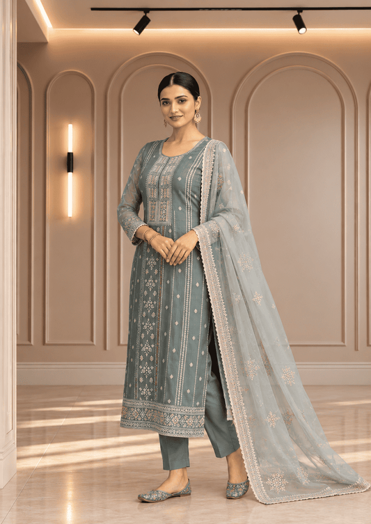 Unstitched Soft Sage-Green Organza With Fine Shimmer And Intricate Ivory Threadwork Suit Material
