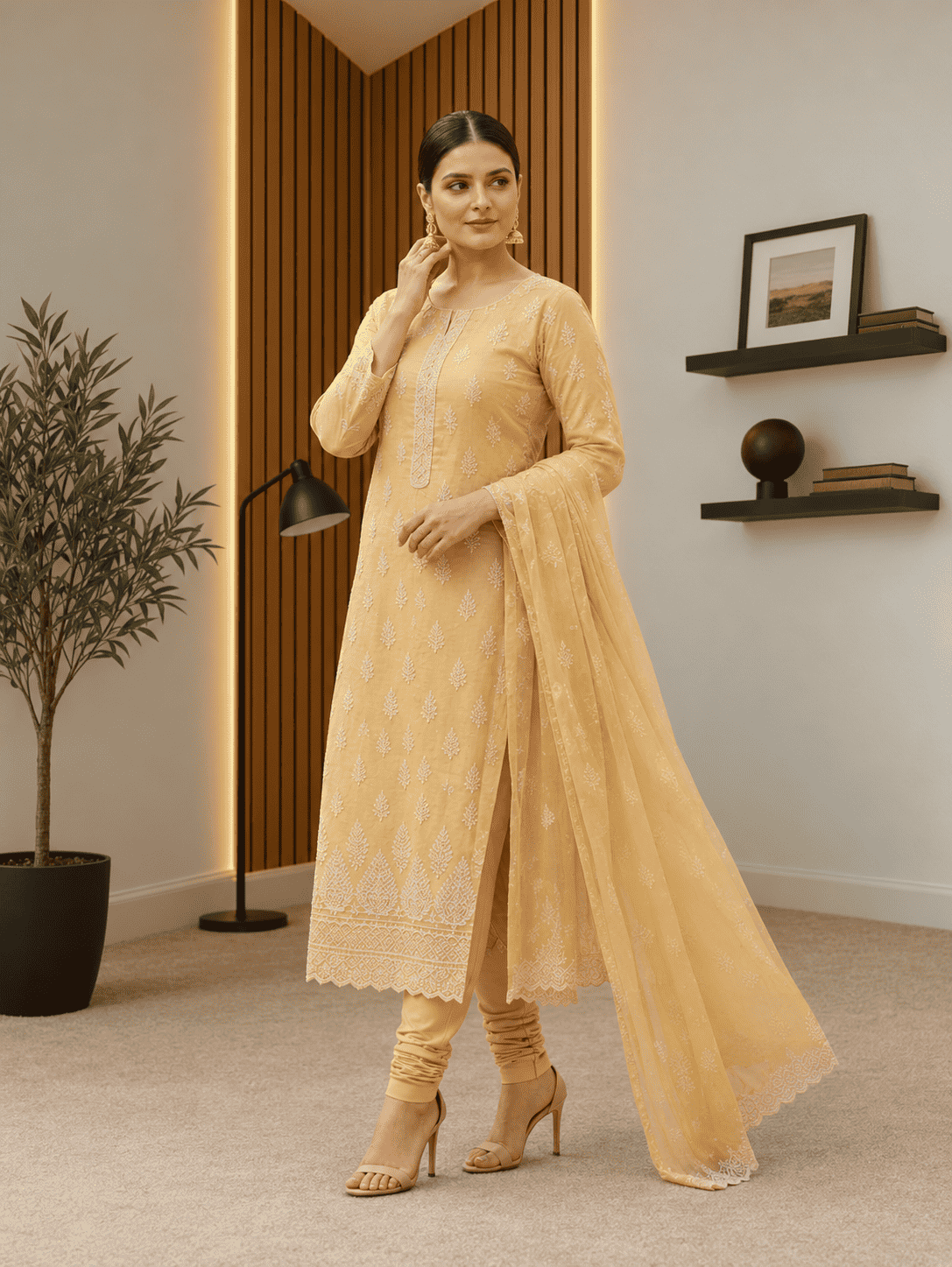 Semi-Stitched Muted Olive-Beige Chiffon Suit With Delicate Ivory Sequin Leaf Embroidery