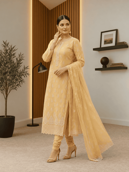 Semi-Stitched Muted Olive-Beige Chiffon Suit With Delicate Ivory Sequin Leaf Embroidery