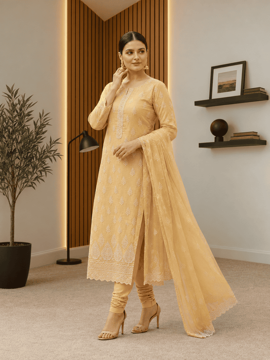 Semi-Stitched Muted Olive-Beige Chiffon Suit With Delicate Ivory Sequin Leaf Embroidery