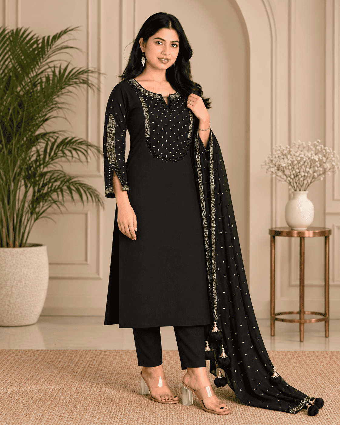 Black Mul Chanderi Embroidered Kurta and Pant with Dupatta