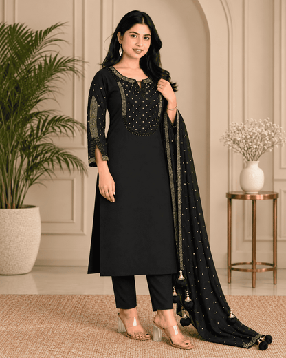Black Mul Chanderi Embroidered Kurta and Pant with Dupatta