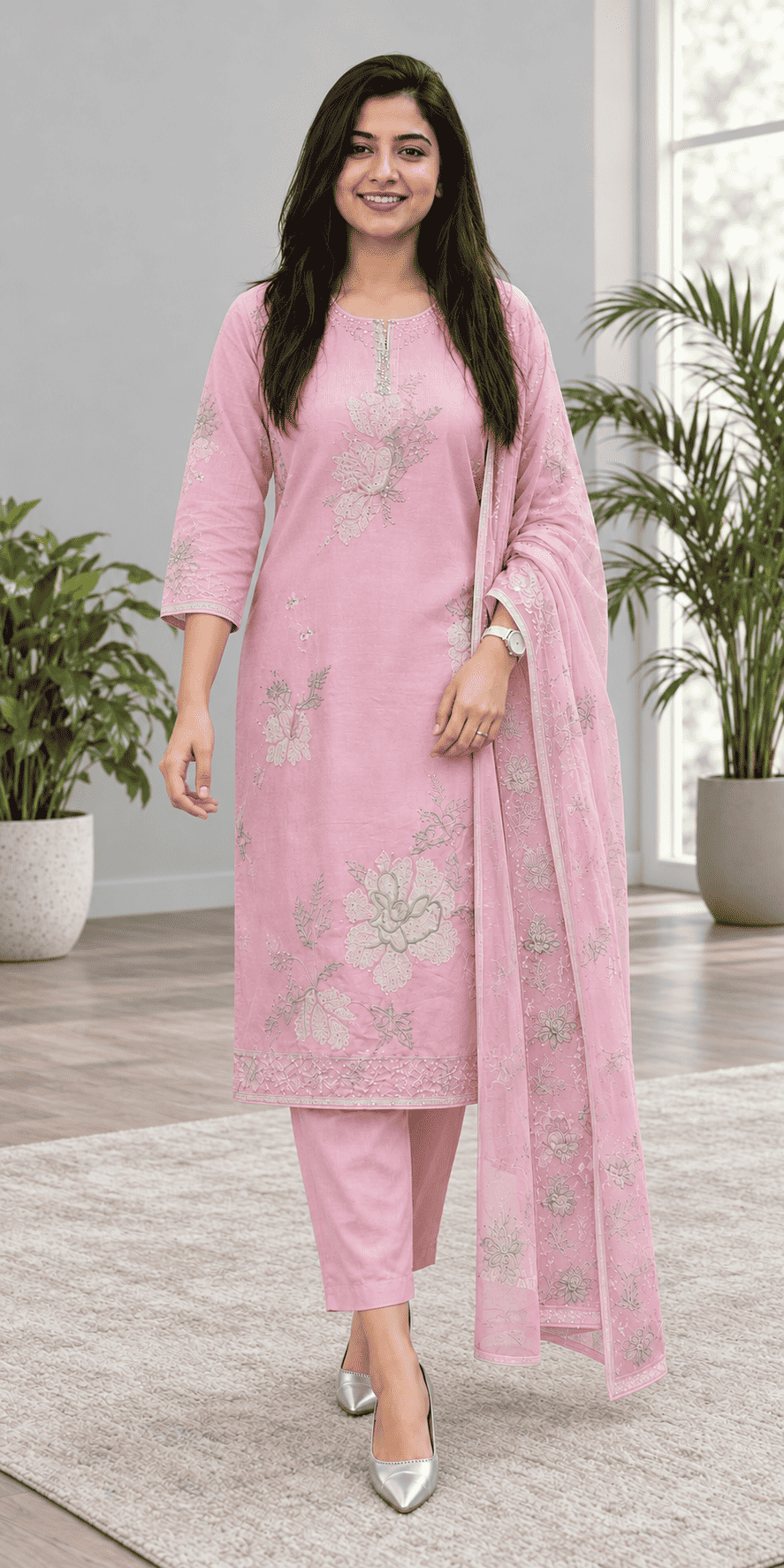 Unstitched pink embroidered cotton slub suit set with dupatta