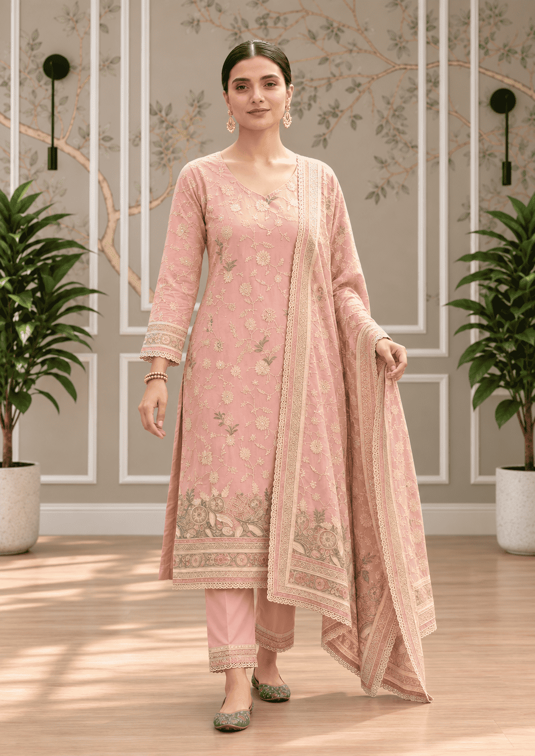 Unstitched Antique Rose Pink Fine Muslin-Cotton Blend With Sequin Accents And Textured Embroidered Suit Material
